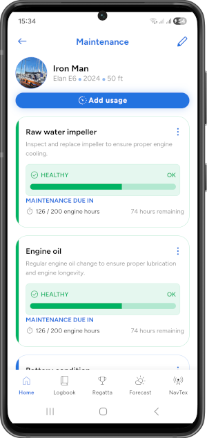 Boat maintenance tracker in Sail Align showing service intervals for vessel components