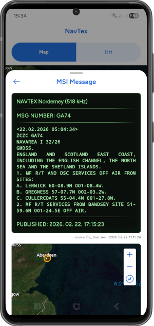 NavTex and Maritime Safety Information map showing navigational warnings and weather bulletins for mariners