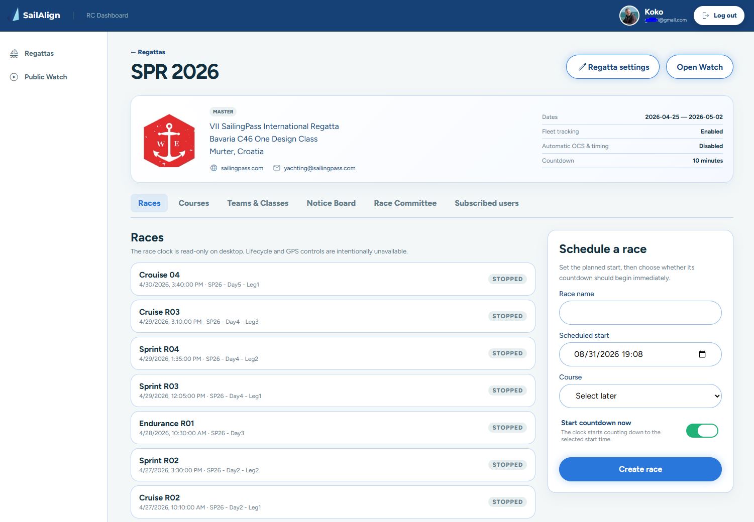SailAlign desktop RC Dashboard showing regatta details, races and race scheduling tools