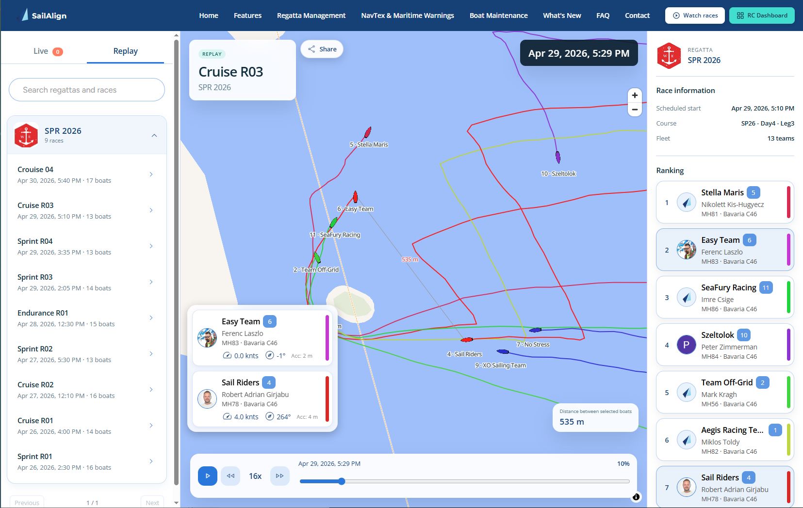 SailAlign Watch desktop sailing race replay with boat tracks, teams and live ranking